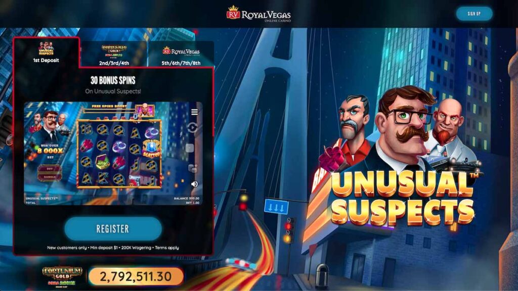 Royal Vegas NZ$1 deposit get 30 free spins on Unusual Suspects