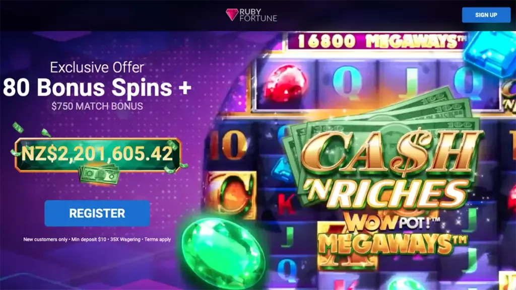 Ruby Fortune 80 bonus spins on Play Cash 'N Riches WowPot Megaways Slot