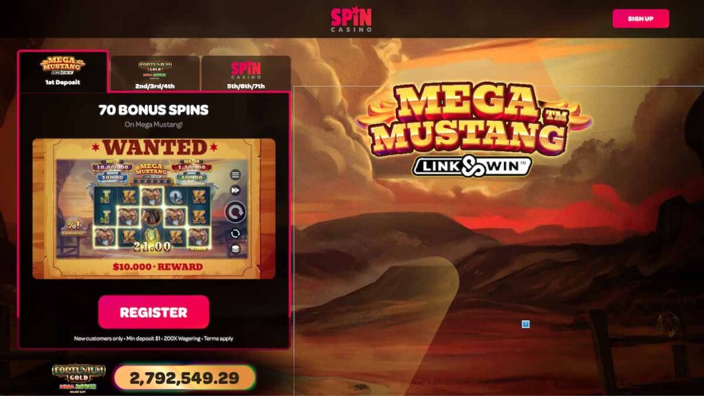 Spin Casino NZ$1 Deposit 70 Free Spins on Mega Mustang