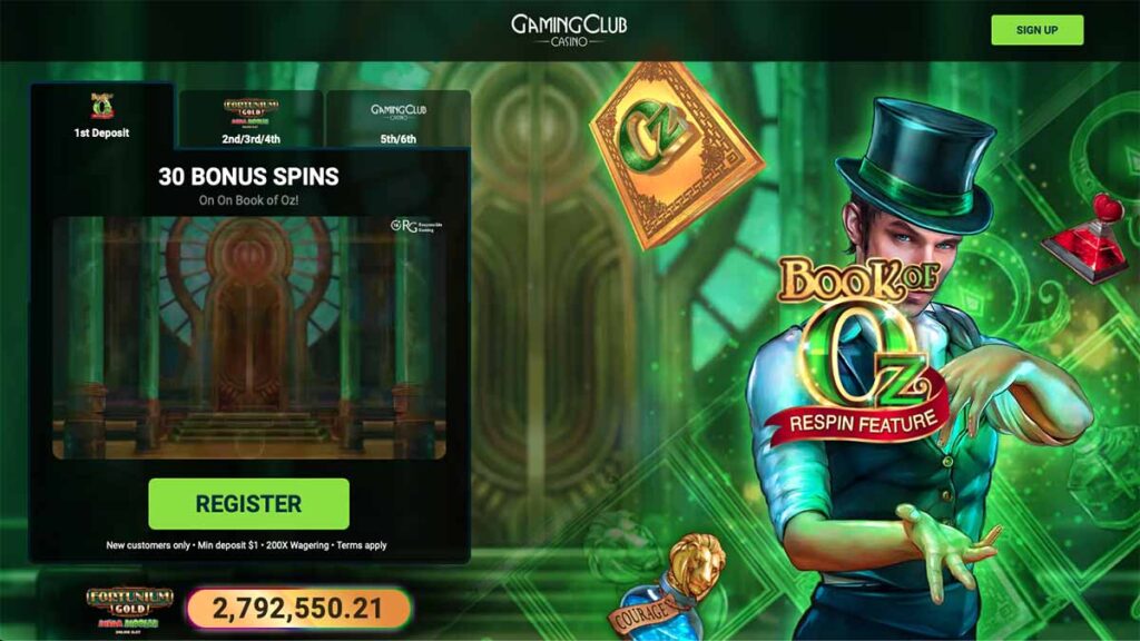 Gaming Club NZ$1 deposit get 30 free spins on Book of Oz