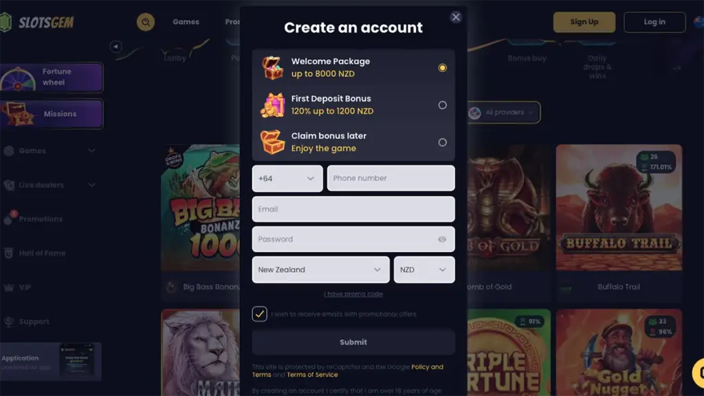 Slots Gem Casino Sign Up screenshot