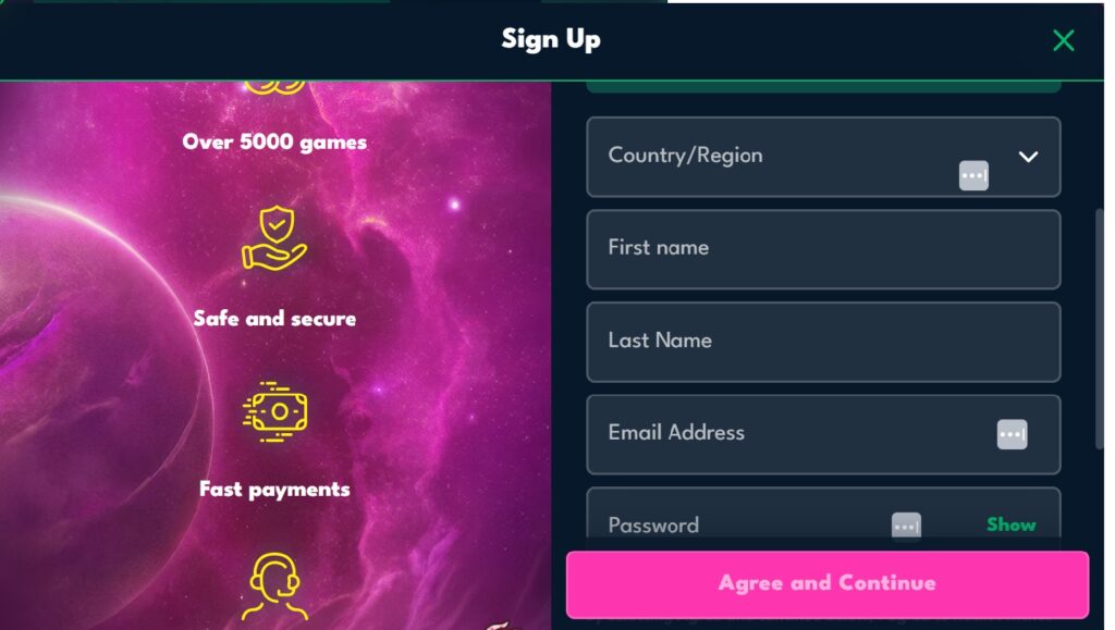 SIGN UP FORM AND LOG IN - ROCKET RICHES CASINO